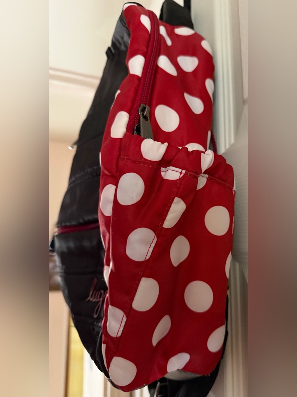 Lug Hopper Backpack in Crimson Dot Pattern with Black Accents - Picture 3 of 13